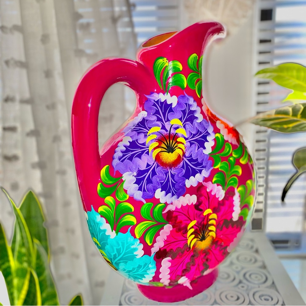 Talavera Mexico Terracotta Pink With Hand Painted Flowers Pottery Pitcher
